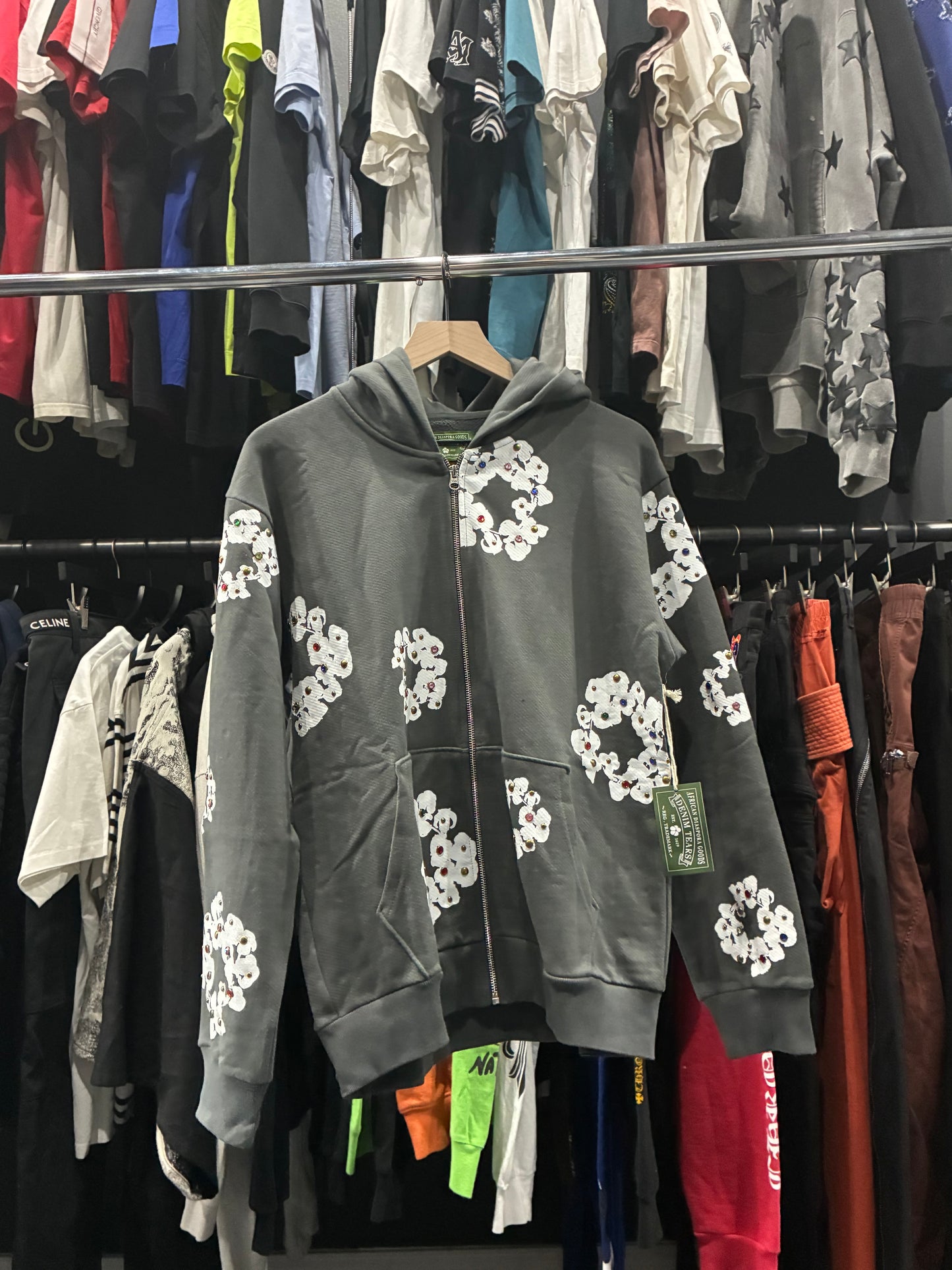 Denim Tears Grey Rhinestone Cotton Wreath Zip Hoodie