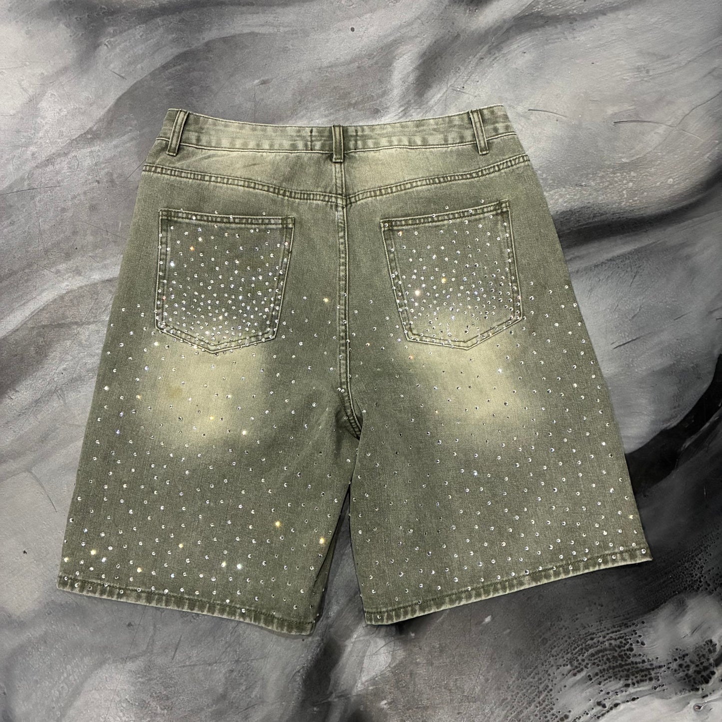 Fraternal Olive Bedazzled Jean Shorts (32)