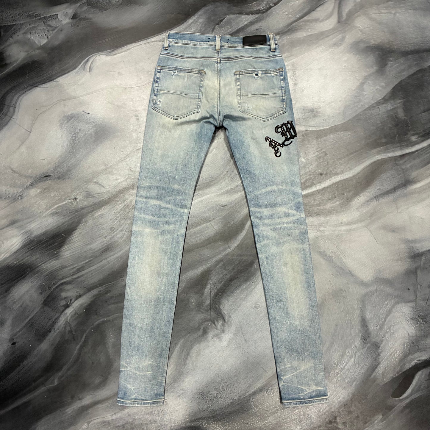 Amiri Light Blue/Black & White Old English Bandana Jean (28)