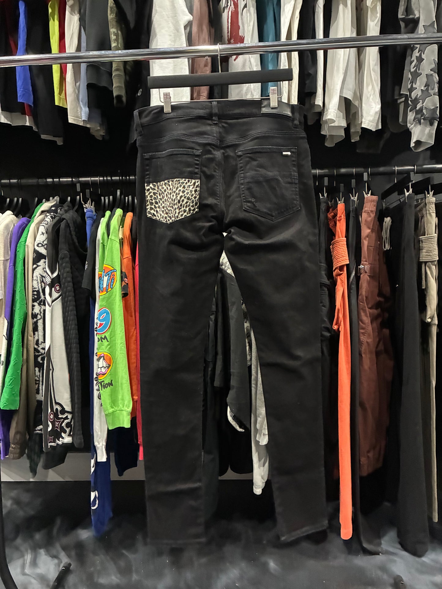 Amiri Black Cheetah Print Patch Thrasher Jean (34)