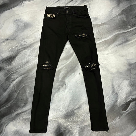 Amiri Black/Cheetah Print Patch Jean (29)