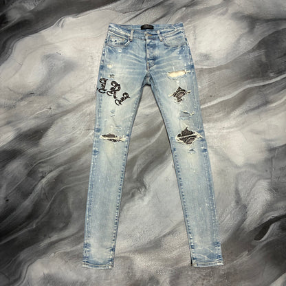 Amiri Light Blue/Black & White Old English Bandana Jean (28)