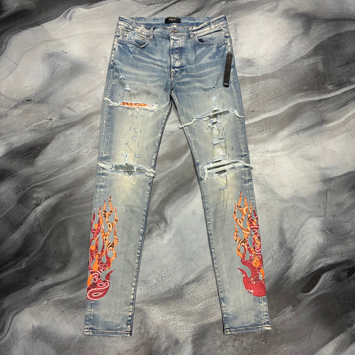 Amiri Indigo/Orange & Red Flames Patch Jean (34)
