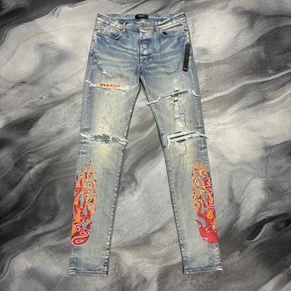 Amiri Indigo/Orange & Red Flames Patch Jean (34)
