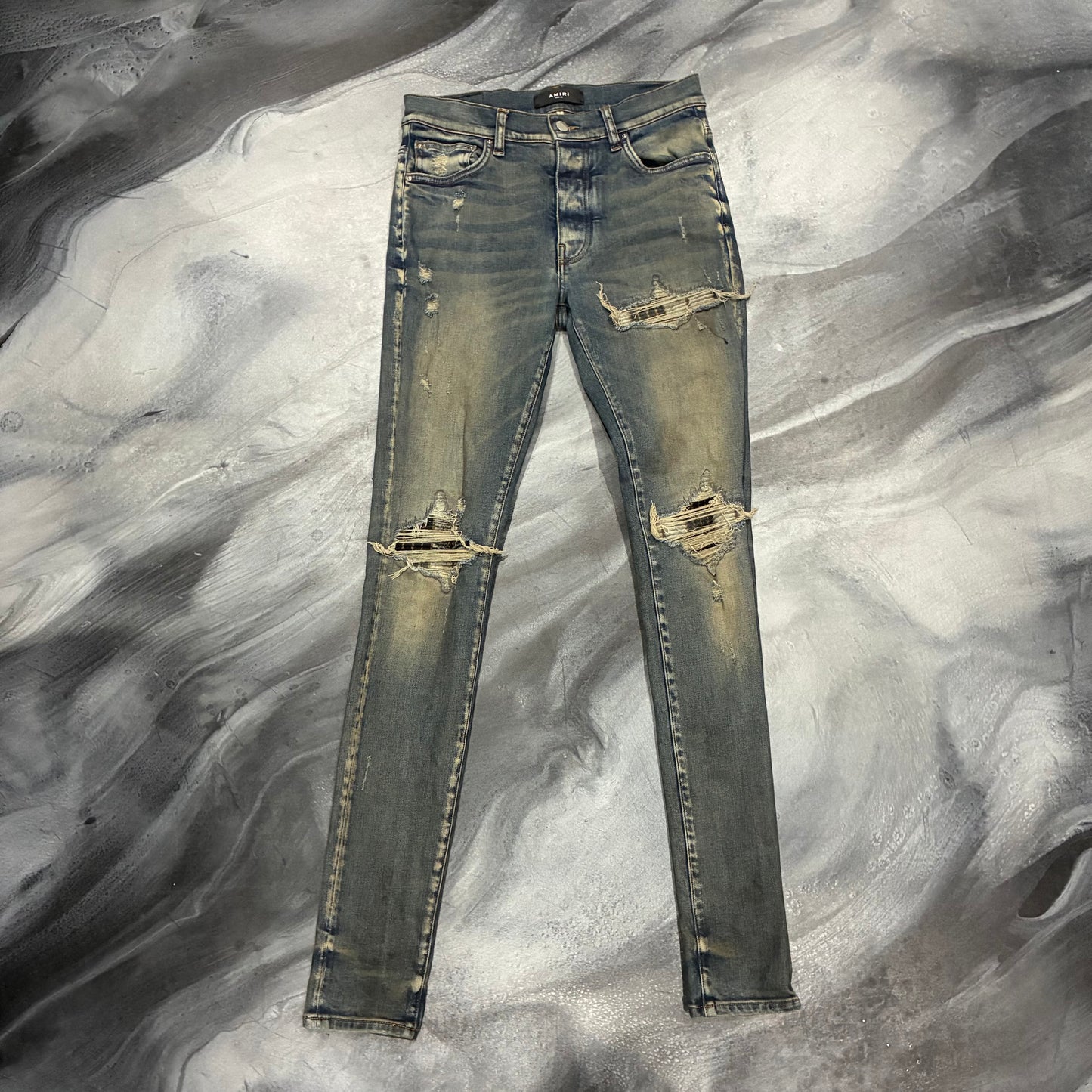 Amiri Aged Indigo Plaid Patch Jeans (30)