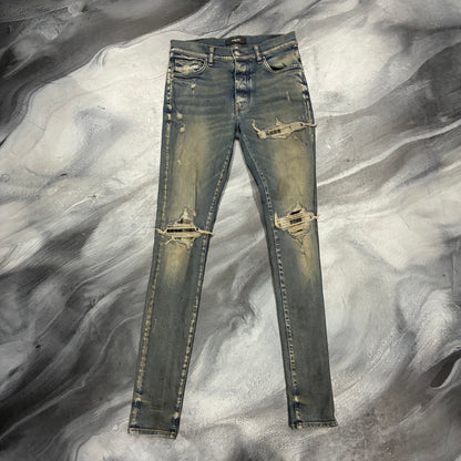 Amiri Aged Indigo Plaid Patch Jeans (30)