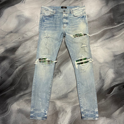 Amiri Indigo/Green Plaid Patch Jean (38)