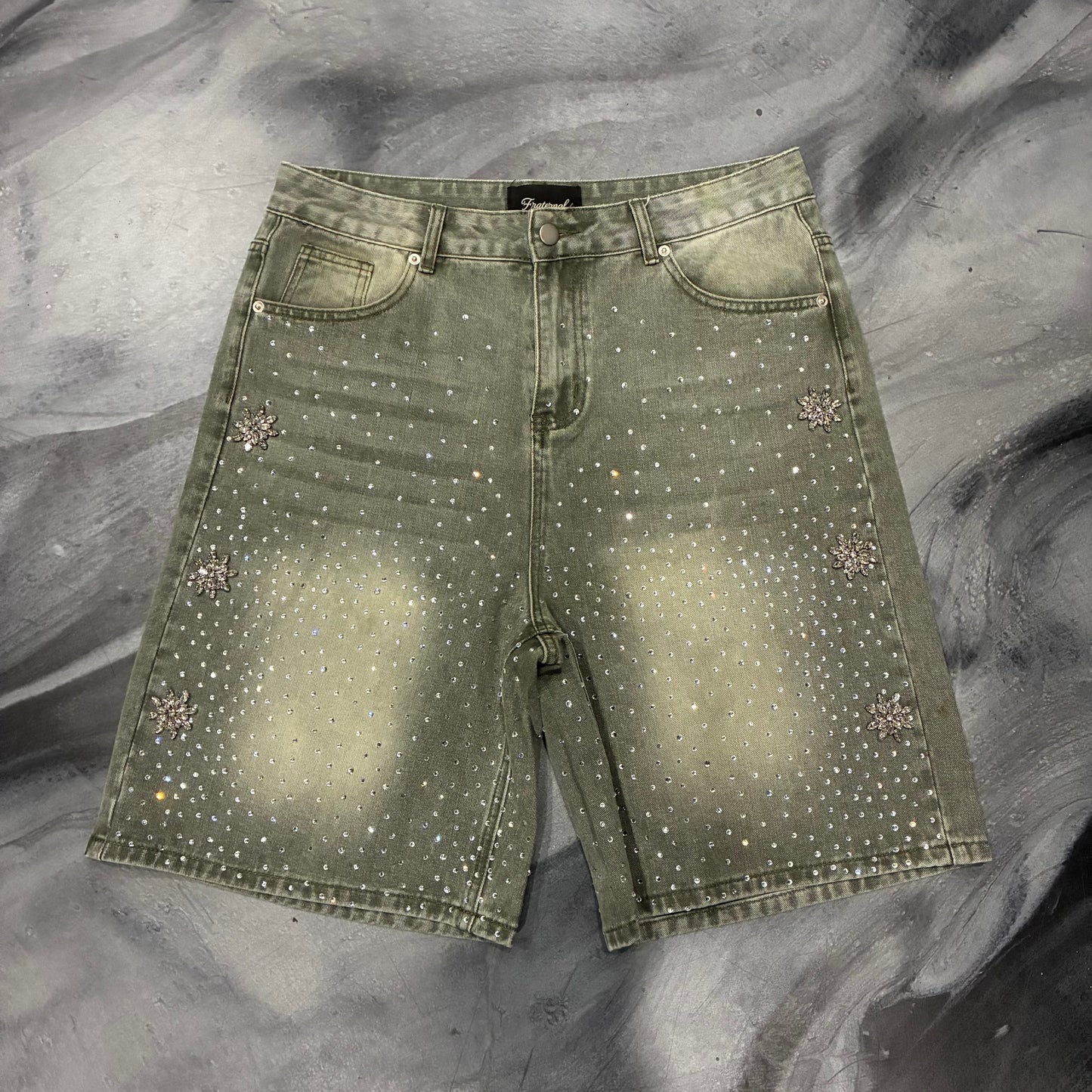 Fraternal Olive Bedazzled Jean Shorts (32)