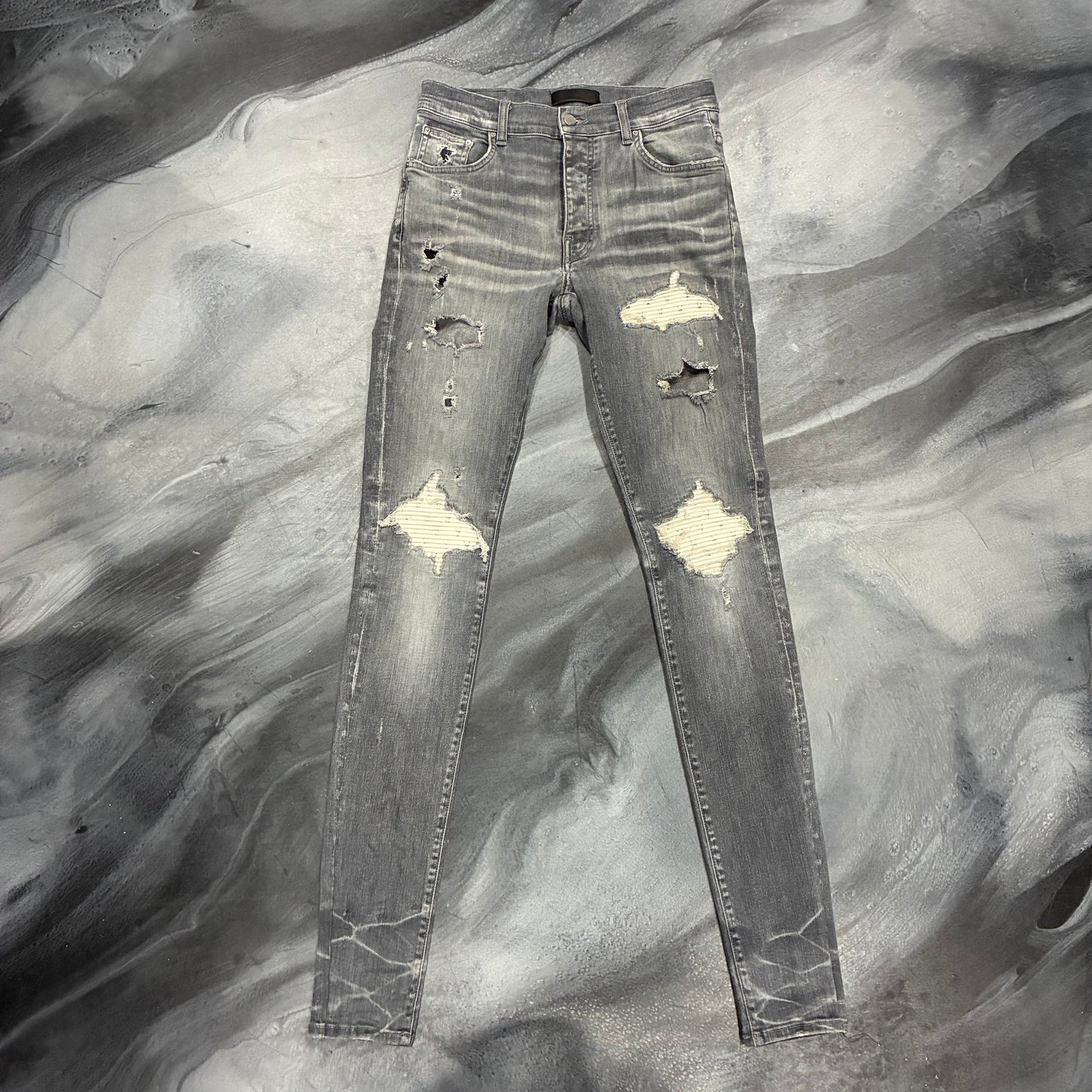 Amiri Grey/White Patch Distressed Jean (30)