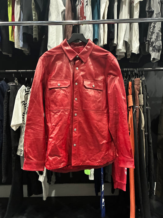 Rick Owens Red Leather Button Up Jacket