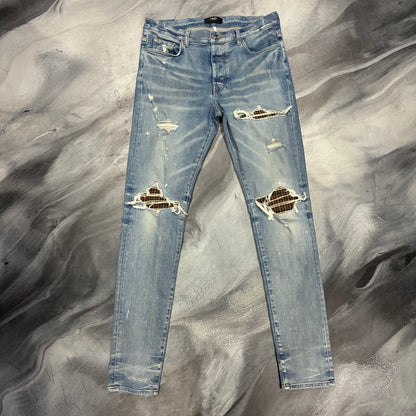 Amiri Dark Blue/Orange Neon Plaid Patch Jean (36)