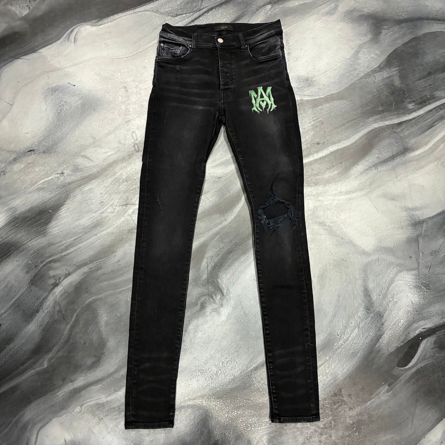 Amiri Black/Green AM Logo Paint Drip Jean (30)