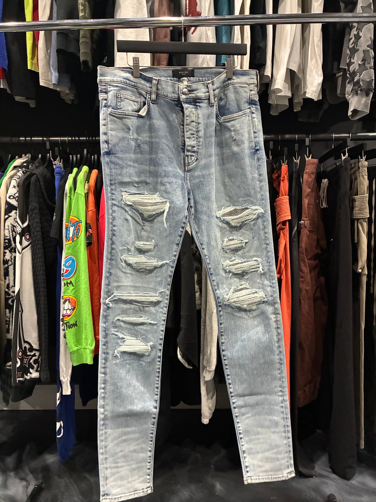 Amiri Light Blue/Silver Studded Patch Jean (38)