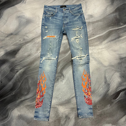 Amiri Indigo/Orange Flames Bandana Patch Jean (30)