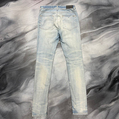 Amiri Light Blue/Black Leather Paisley Patch Jean (32)