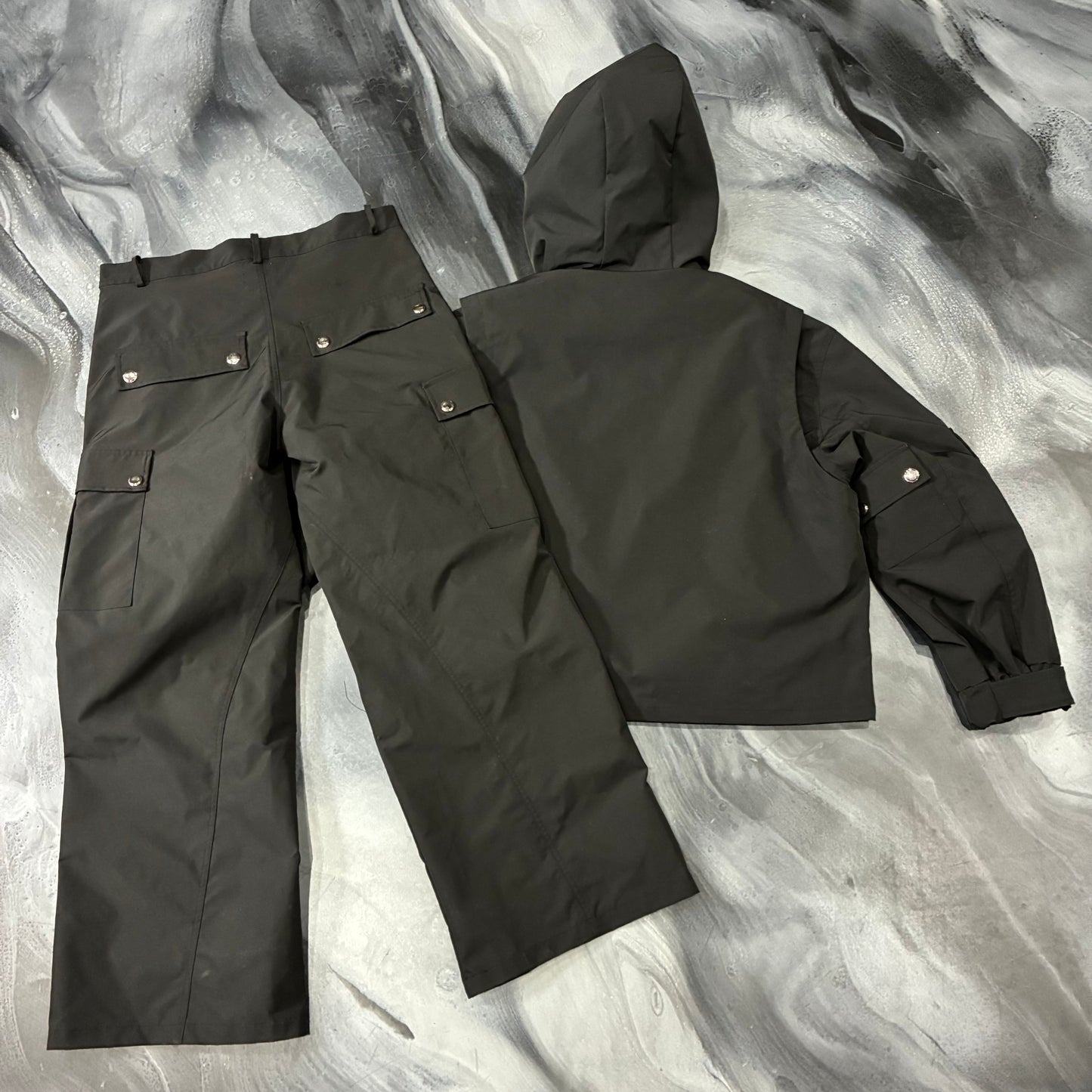Saint Vanity Black Nylon Hooded Zip Up & Cargo Pants (M)