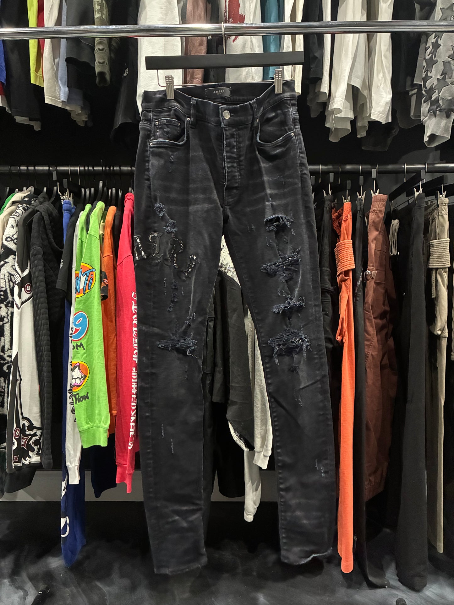 Amiri Aged Black Flannel Core Logo Distressed Jean (31)