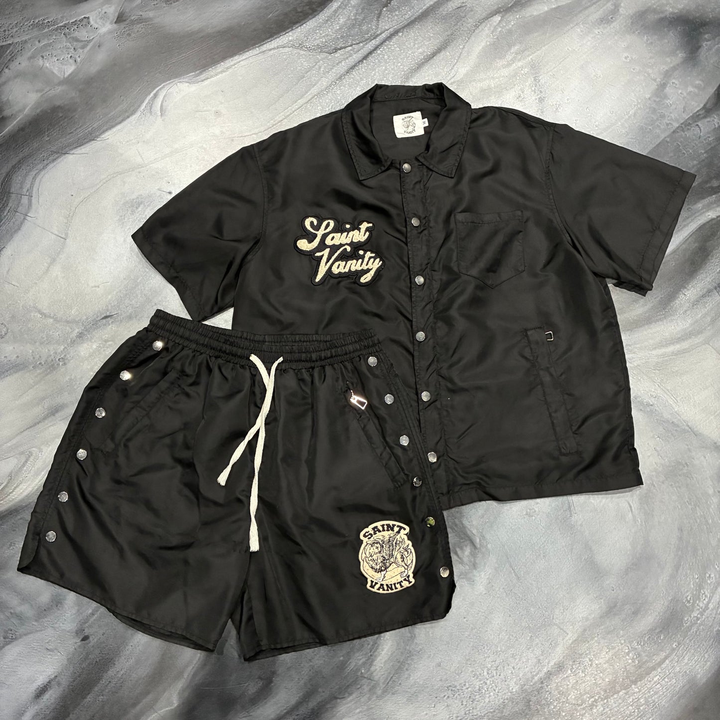 Saint Vanity Nylon Black Button Up/Shorts Set (M)