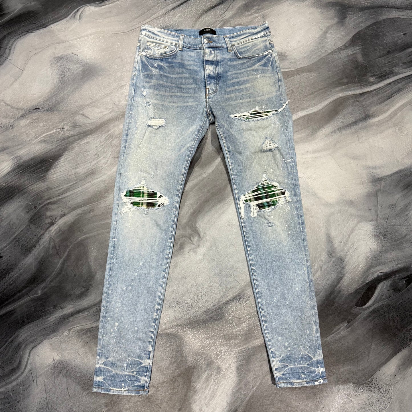 Amiri Light Blue/Green Plaid Patch Jean (38)