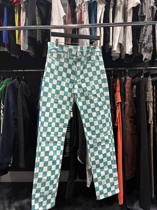 Louis V Turquoise/White Checkered Denim Pants