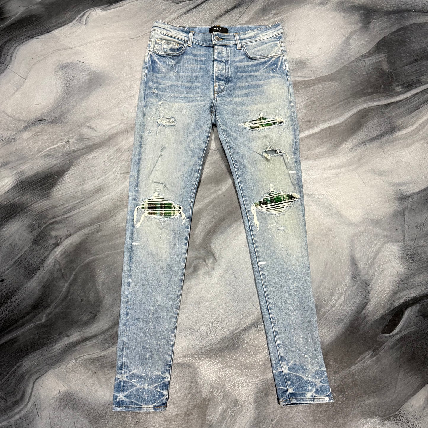 Amiri Light Blue/Green Plaid Patch Jean (33)
