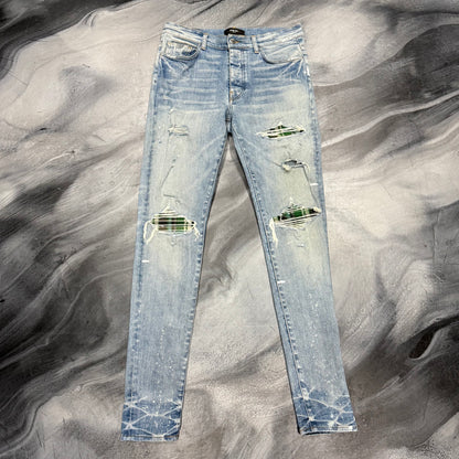 Amiri Light Blue/Green Plaid Patch Jean (33)