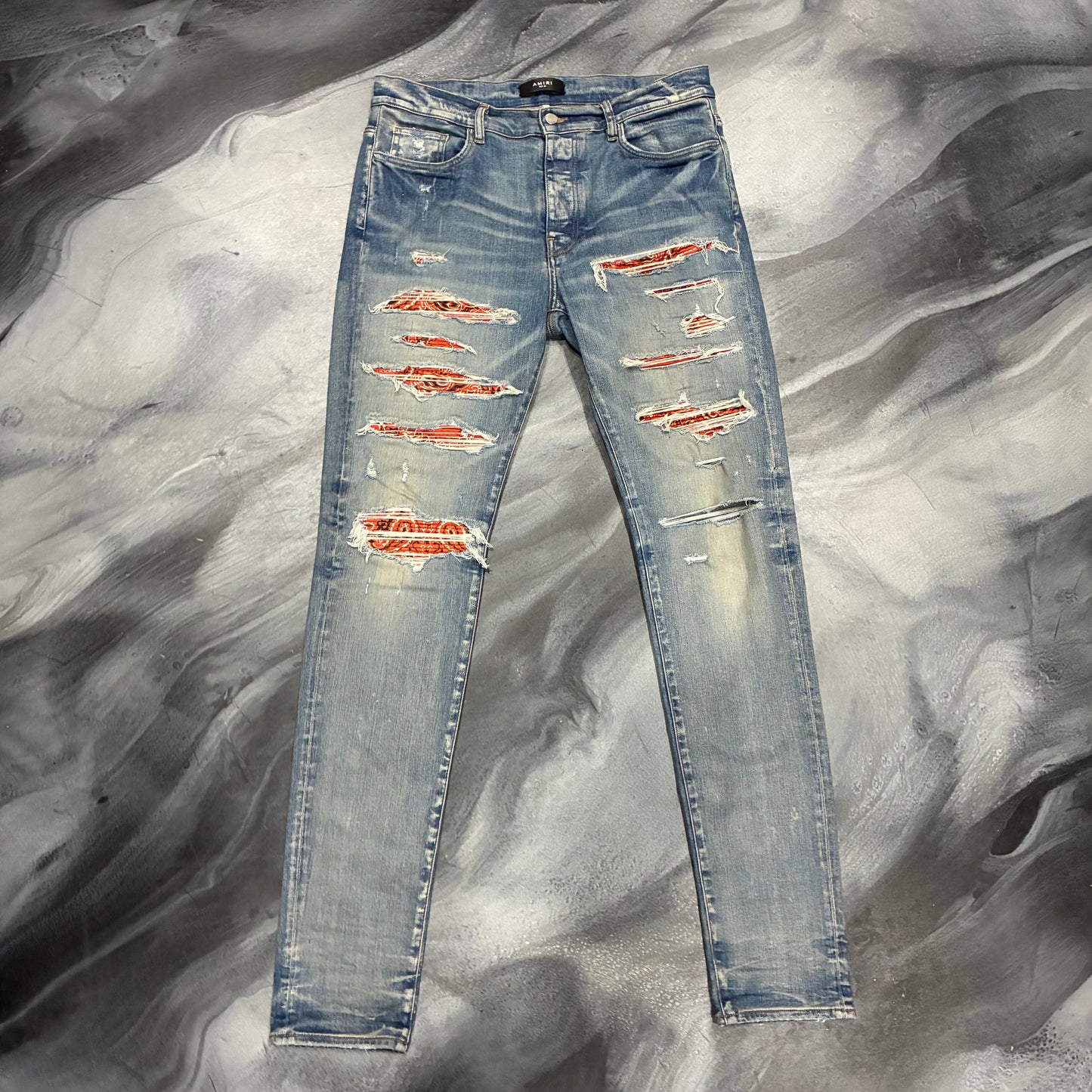 Amiri Indigo/Orange Bandana Patch Thrasher Jean (36)