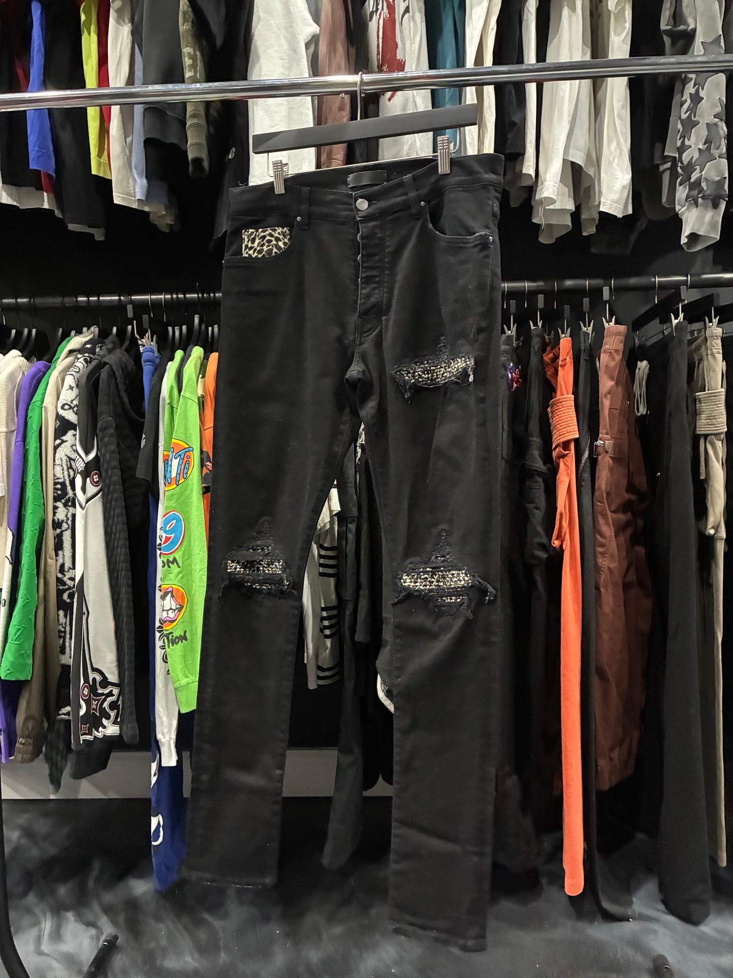 Amiri Black Cheetah Print Patch Thrasher Jean (34)