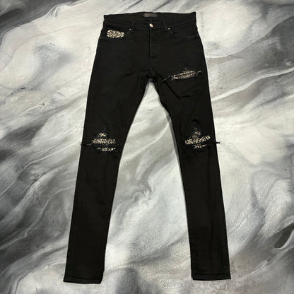 Amiri Black/Cheetah Print Patch Jean (30)