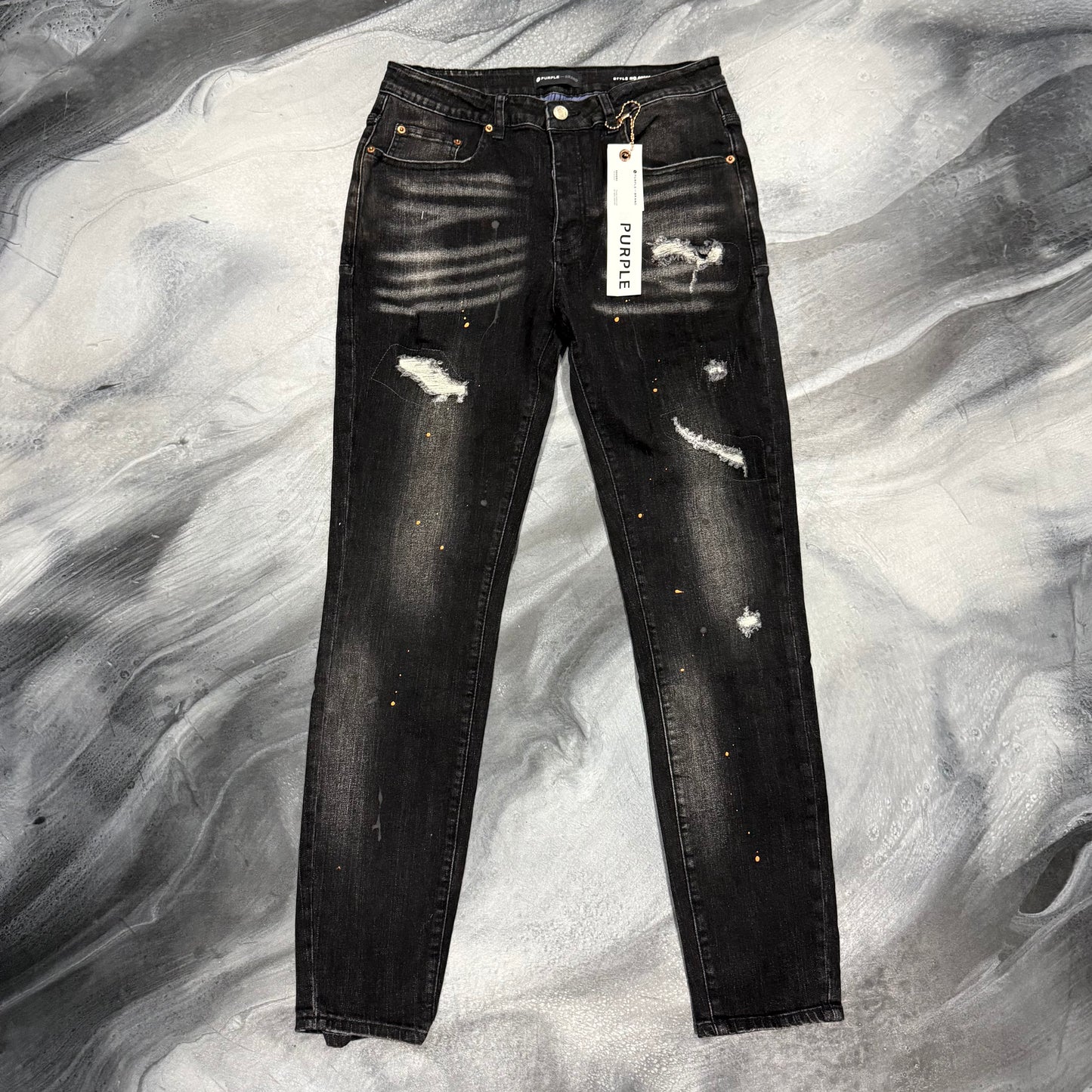 Purple Brand Black Distressed Orange Paint Splatter Jean