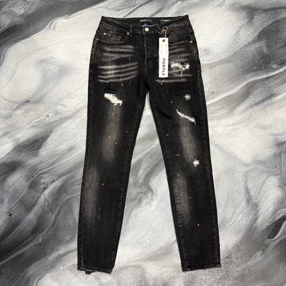 Purple Brand Black Distressed Orange Paint Splatter Jean