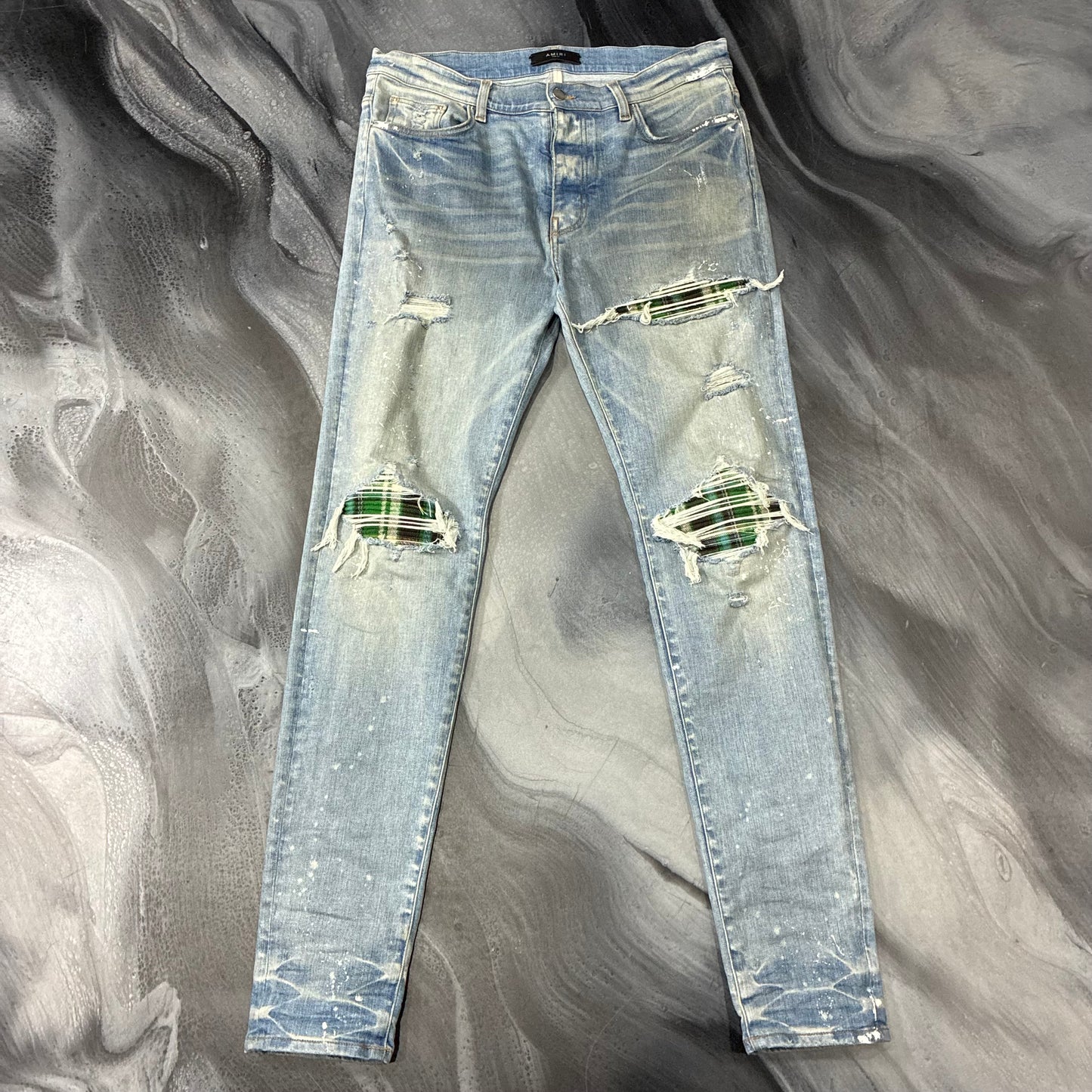 Amiri Indigo/Green Plaid Patch Jean (36)