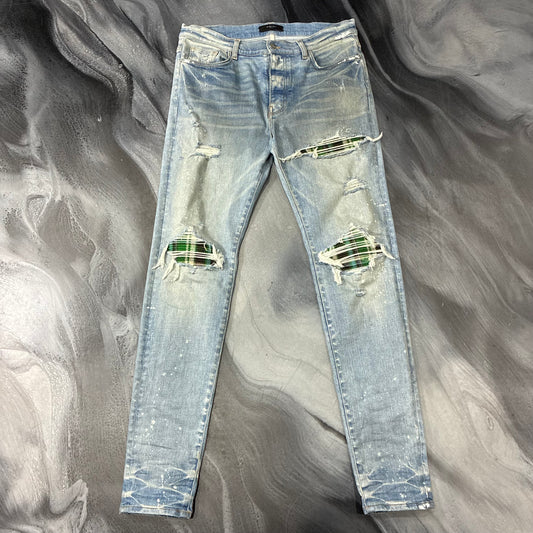 Amiri Indigo/Green Plaid Patch Jean (36)