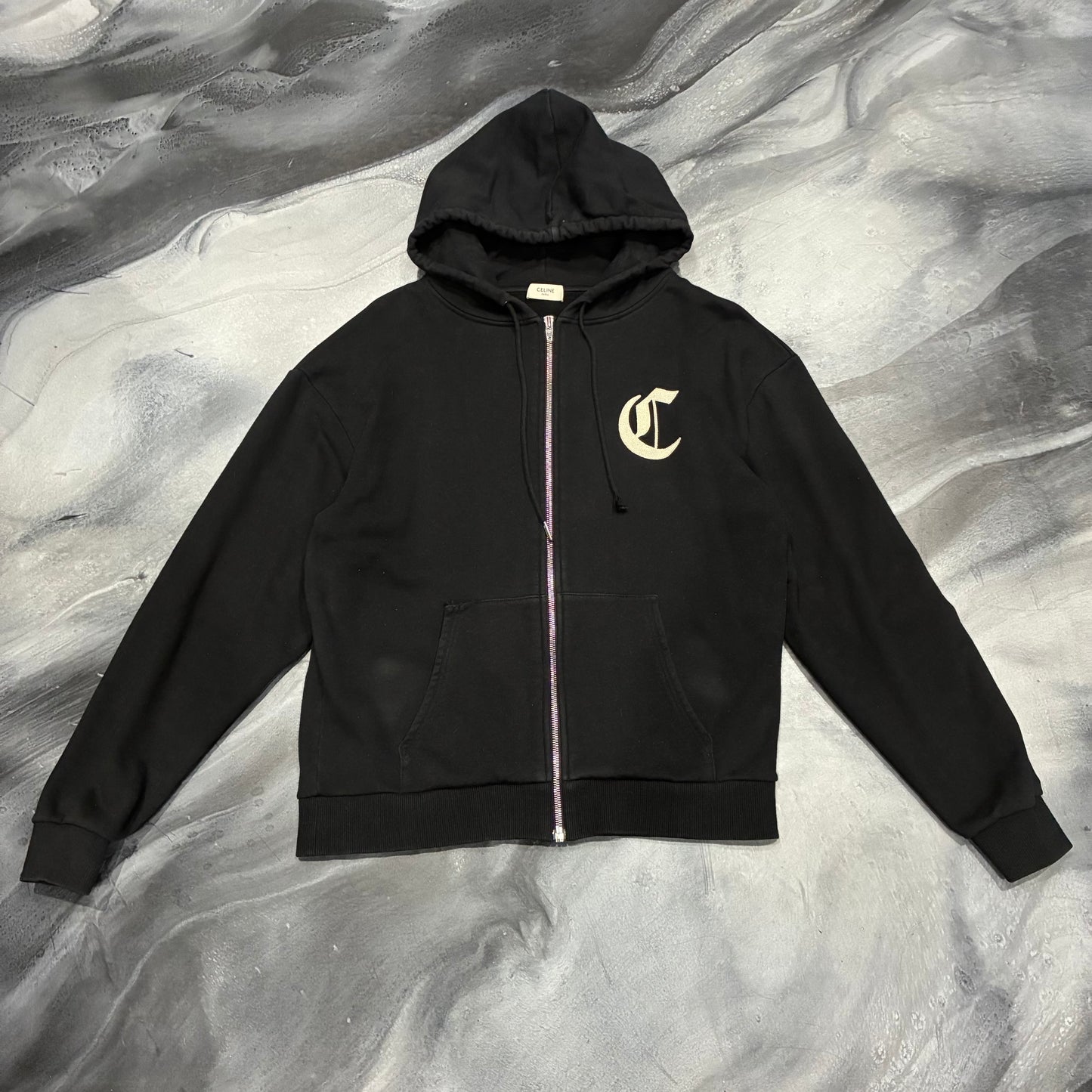 Celine Black Gothic Logo Zip Up Hoodie