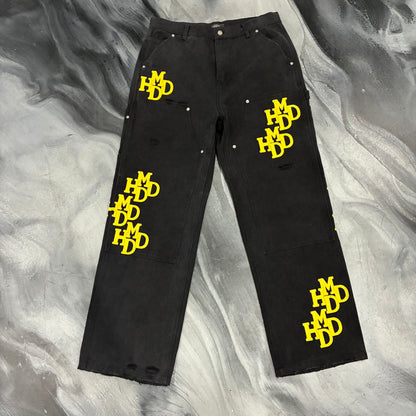 HMDD Black/Yellow Leather Patches Carpenter Pants (L)