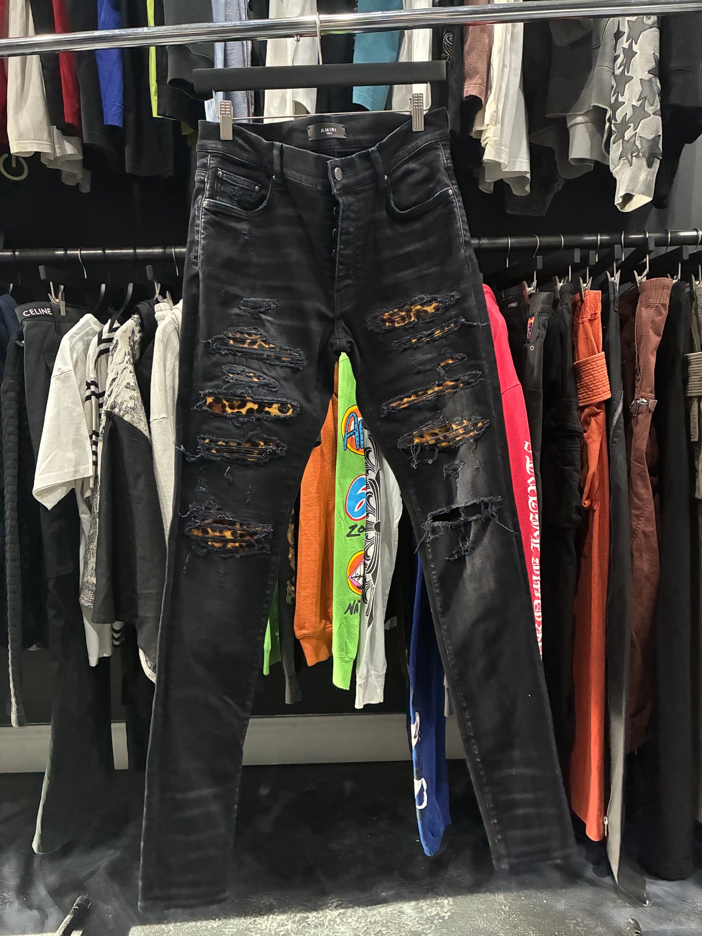Amiri Faded Black/Cheetah Print Patch Thrasher Jean (31)
