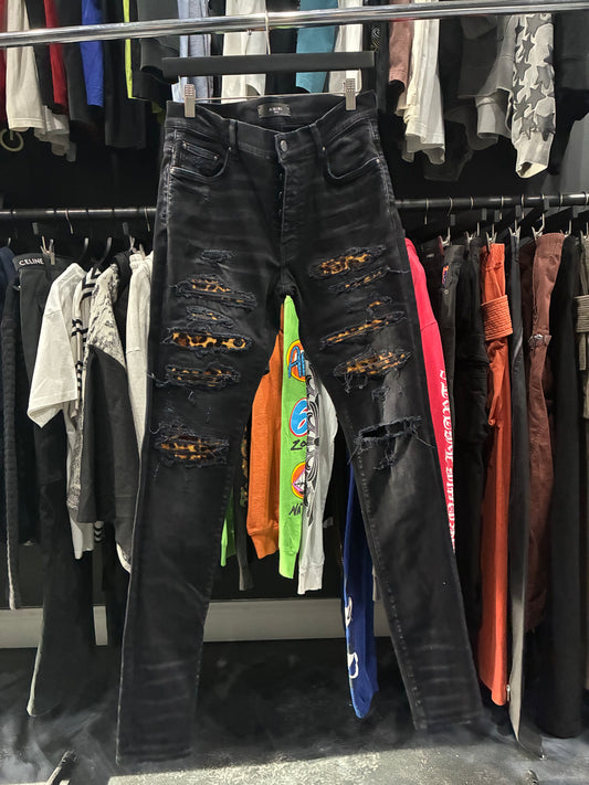 Amiri Faded Black/Cheetah Print Patch Thrasher Jean (31)
