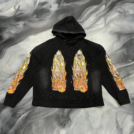 Who Decides War Black Rhinestone Flames Glass Hoodie (S)