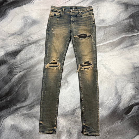Amiri Antique Indigo/Black Leather Patch Jean (30)