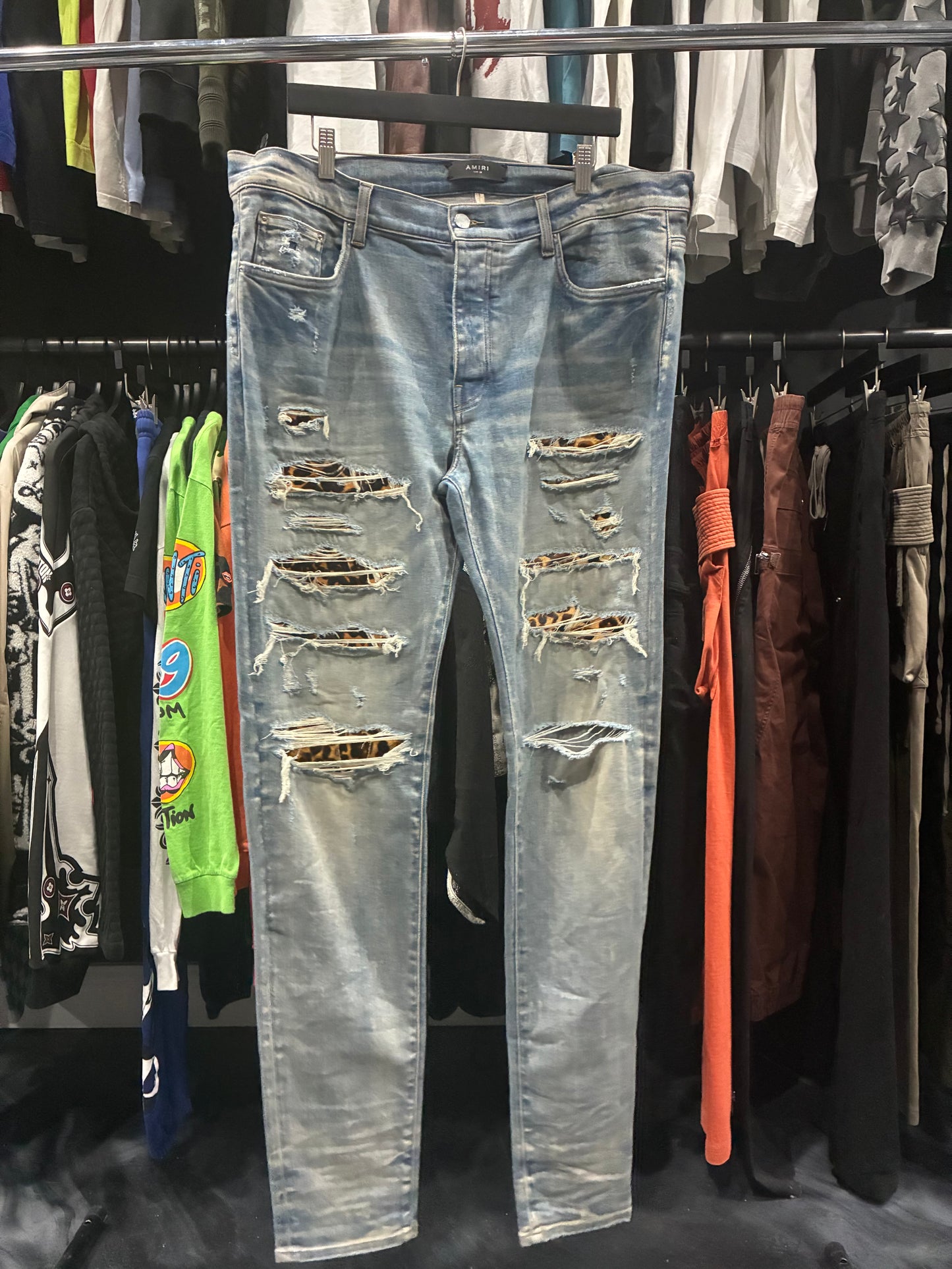 Amiri Indigo/Leopard Patch Thrasher Jean (38)