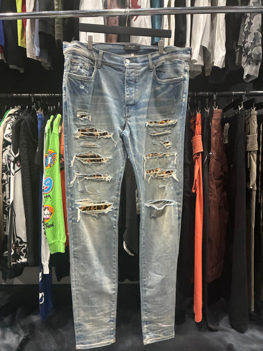 Amiri Indigo/Leopard Patch Thrasher Jean (38)