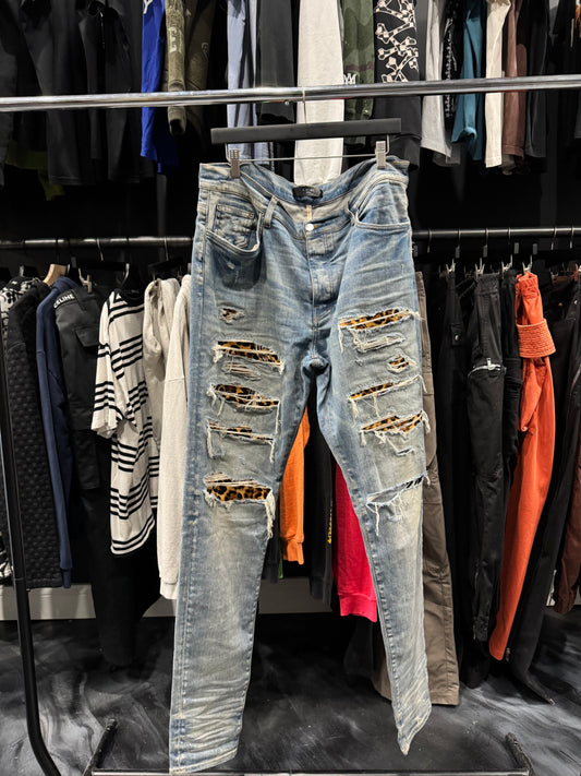 Amiri Indigo/Leopard Print Thrasher Jean (38)