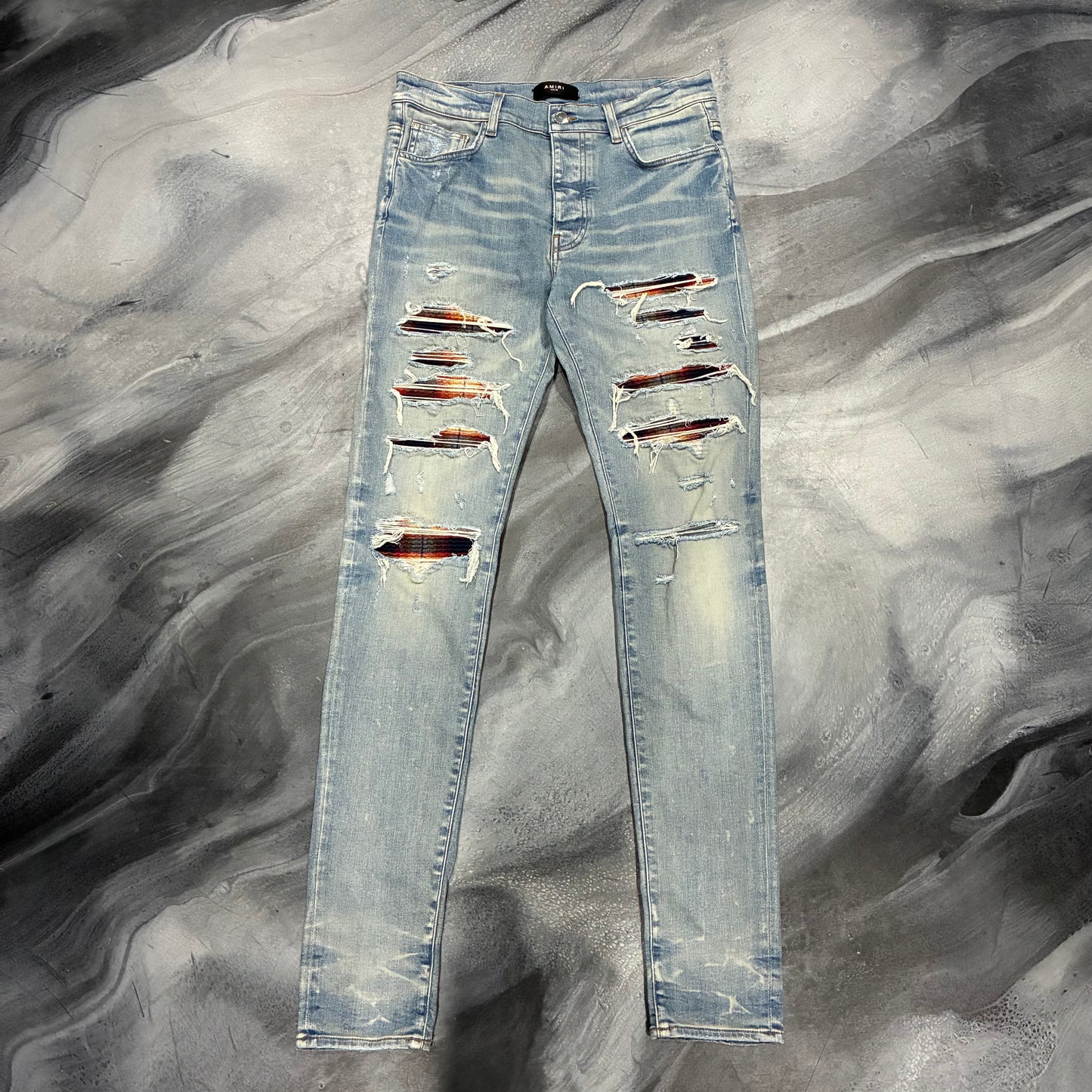Amiri Indigo/Blue & Orange Plaid Patch Jean