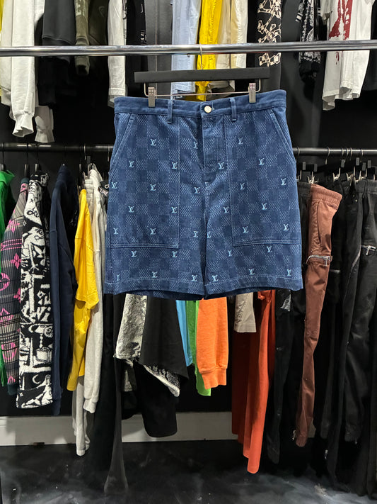 Louis V Blue Jean Denim Jacquard Shorts (36)