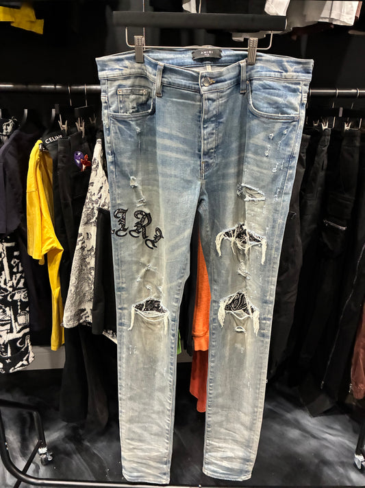 Amiri Clay Indigo/Black Old English Bandana Patch Jean (36)