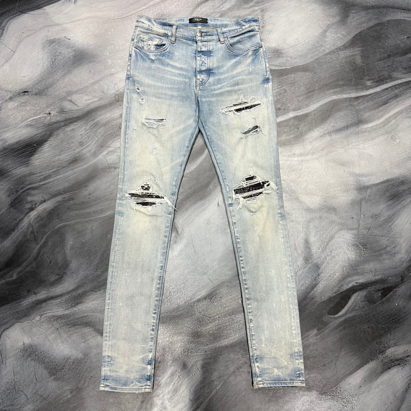 Amiri Light Blue/Black Leather Paisley Patch Jean (32)