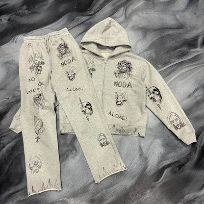 N.O.D.A Grey Last Prayer Zip Up Hoodie/Sweatpants Set (S)