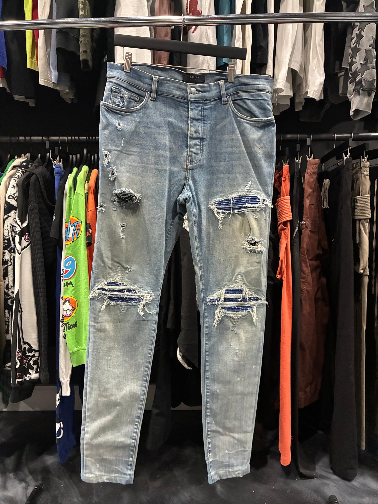 Amiri Light Indigo/Blue Bandana Patch Thrasher Jean (38)