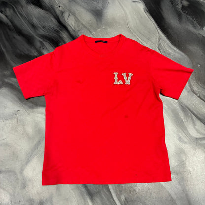 Louis V. Red Bedazzled LV Logo Tee (XL)