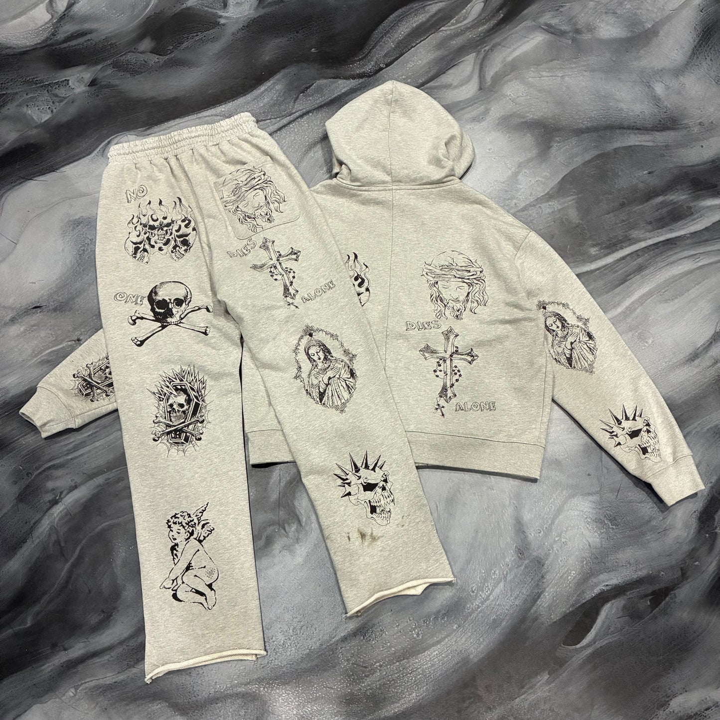 N.O.D.A Grey Last Prayer Zip Up Hoodie/Sweatpants Set (S)